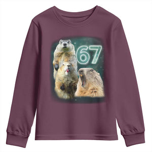 67 Meme Groundhog Youth Sweatshirt Howling At The Moon Funny Six Seven Meme Ground Hog Day TS10 Maroon Print Your Wear