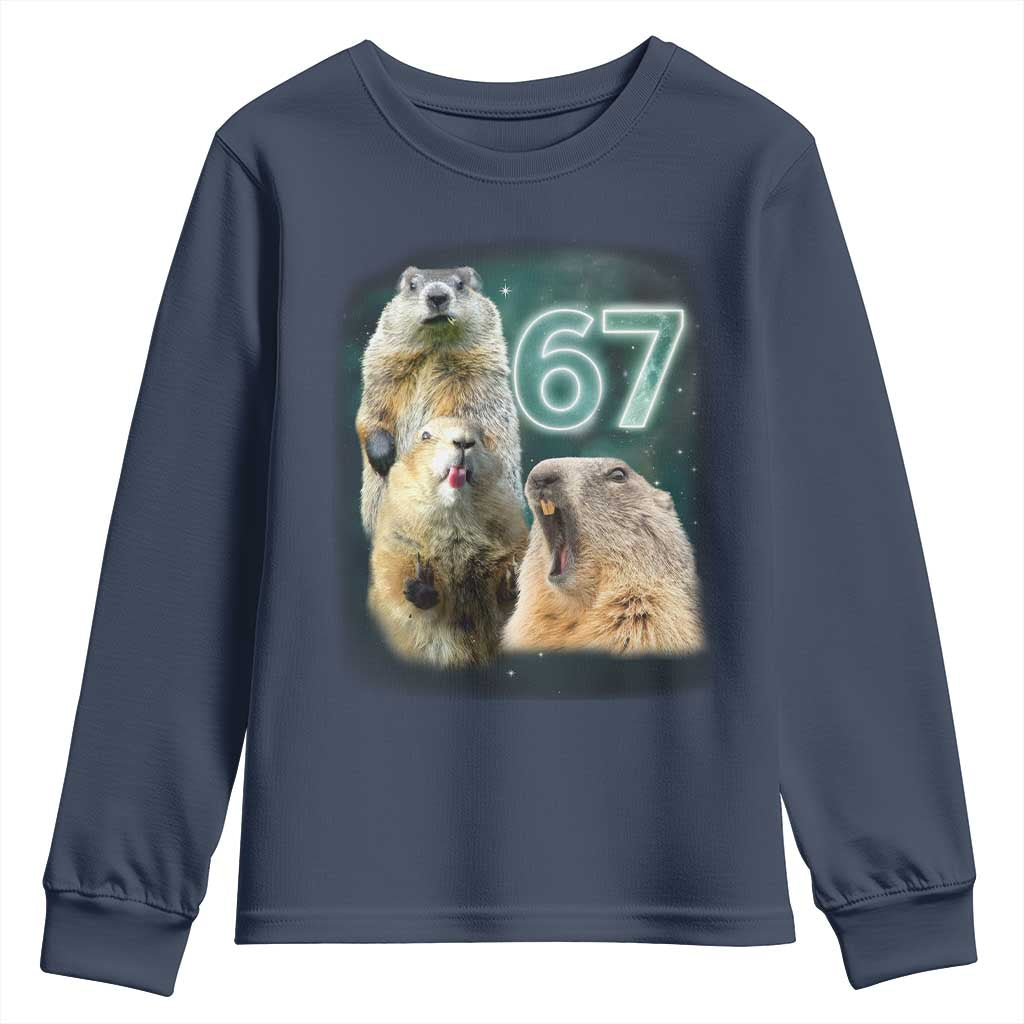 67 Meme Groundhog Youth Sweatshirt Howling At The Moon Funny Six Seven Meme Ground Hog Day TS10 Navy Print Your Wear