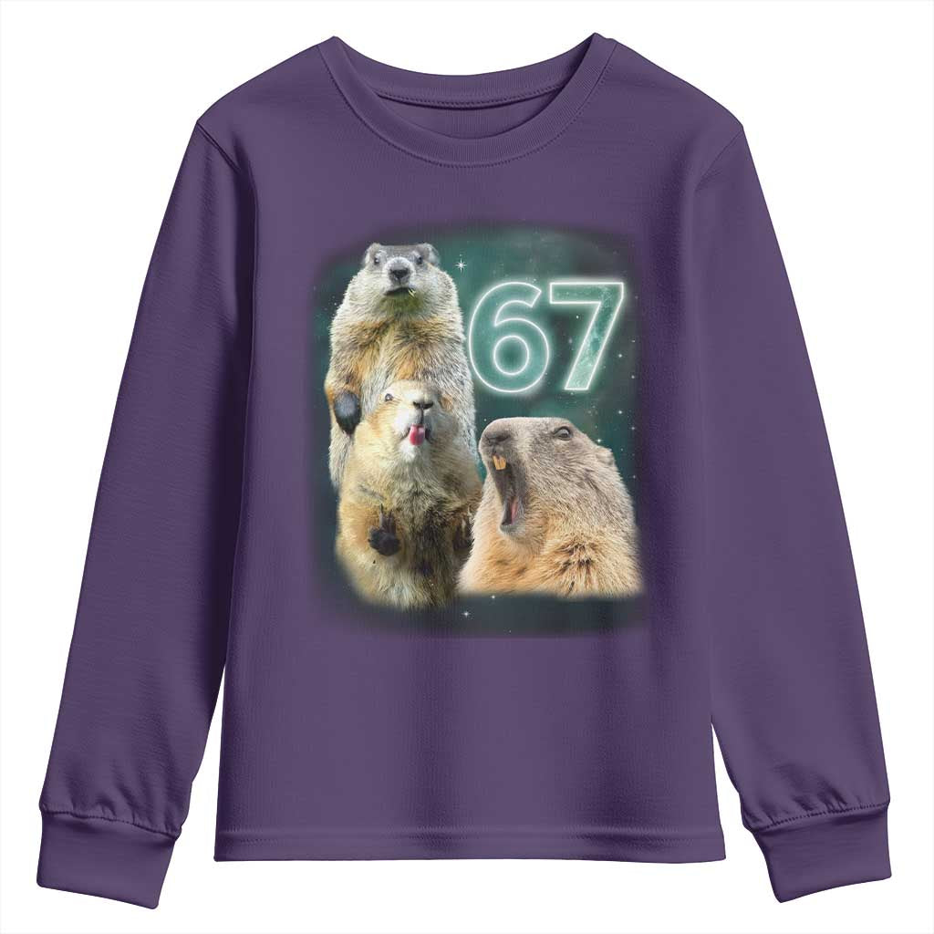 67 Meme Groundhog Youth Sweatshirt Howling At The Moon Funny Six Seven Meme Ground Hog Day TS10 Purple Print Your Wear