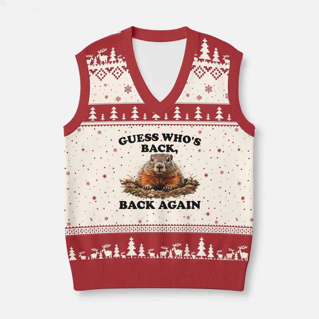 Groundhog Day V-Neck Knit Sweater Vest Funny Woodchuck Guess Whos Back TS10 Beige Red Print Your Wear