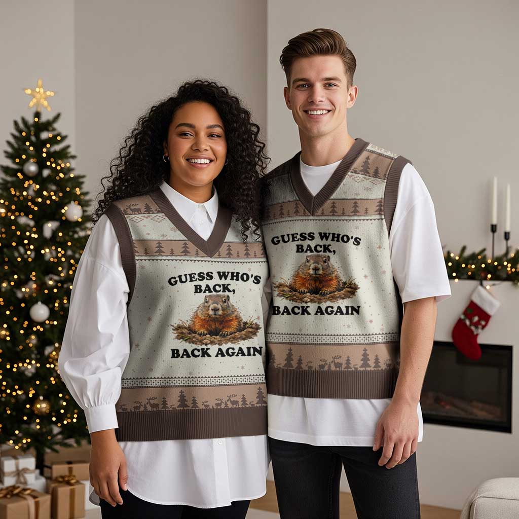 Groundhog Day V-Neck Knit Sweater Vest Funny Woodchuck Guess Whos Back TS10 Mocha Mousse Print Your Wear