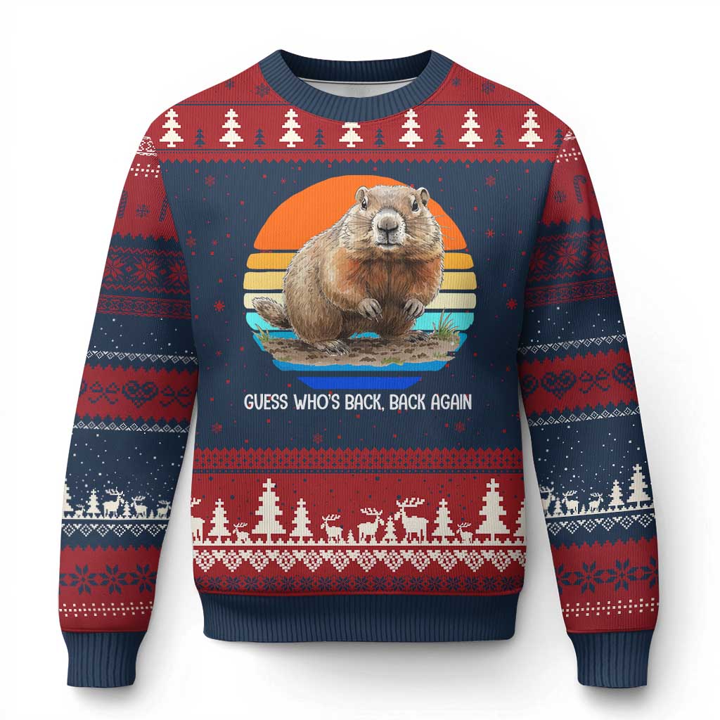 Groundhog Day Ugly Christmas Sweater Retro Vintage Funny Woodchuck Guess Whos Back TS10 Navy Red Print Your Wear