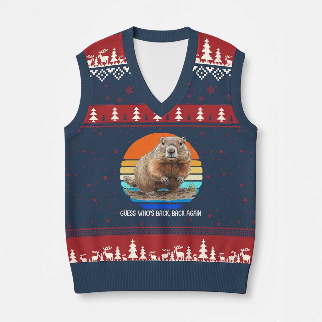 Groundhog Day V-Neck Knit Sweater Vest Retro Vintage Funny Woodchuck Guess Whos Back TS10 Navy Red Print Your Wear