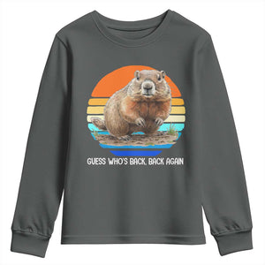 Groundhog Day Youth Sweatshirt Retro Vintage Funny Woodchuck Guess Whos Back TS10 Dark Heather Print Your Wear