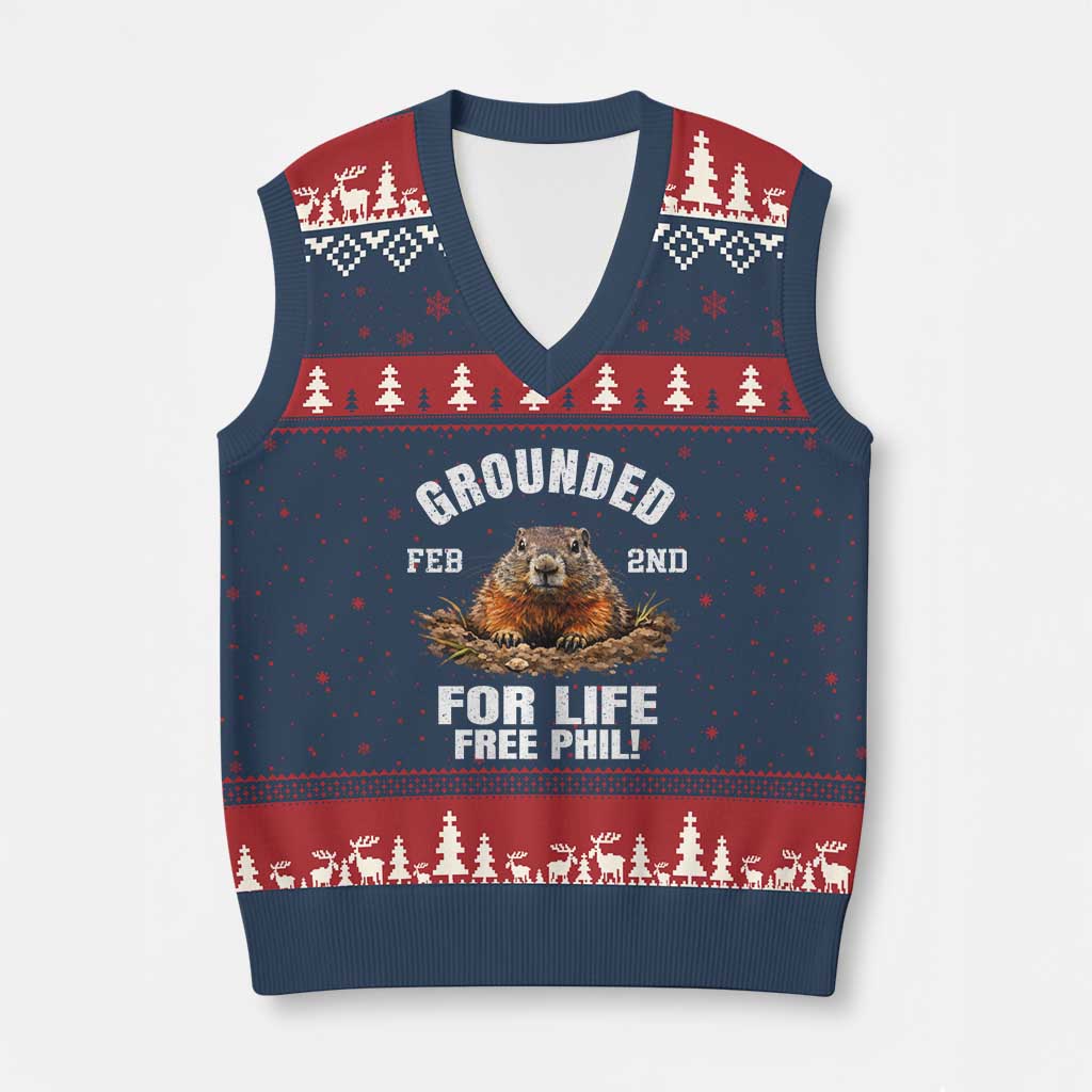Funny Groundhog V-Neck Knit Sweater Vest Grounded For Life Ground Hog Day TS10 Navy Red Print Your Wear