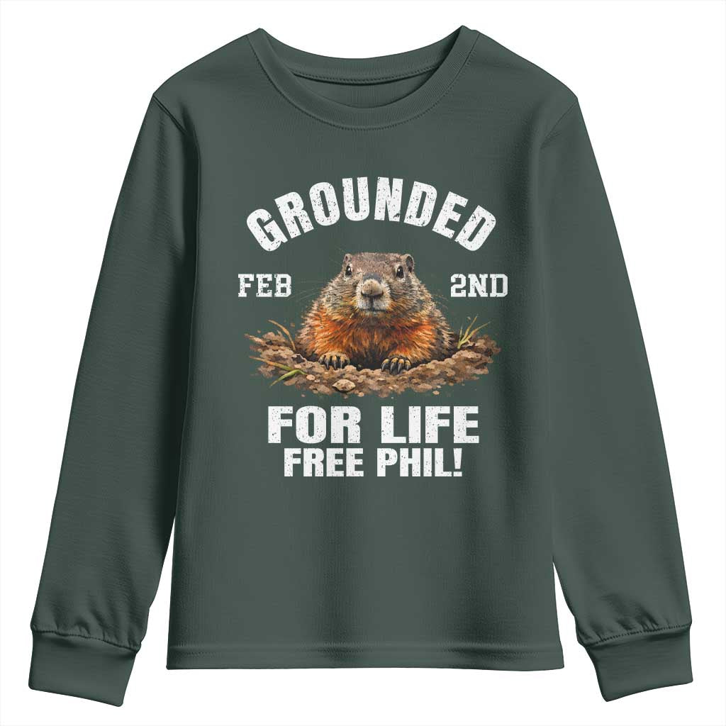 Funny Groundhog Youth Sweatshirt Grounded For Life Ground Hog Day TS10 Dark Forest Green Print Your Wear