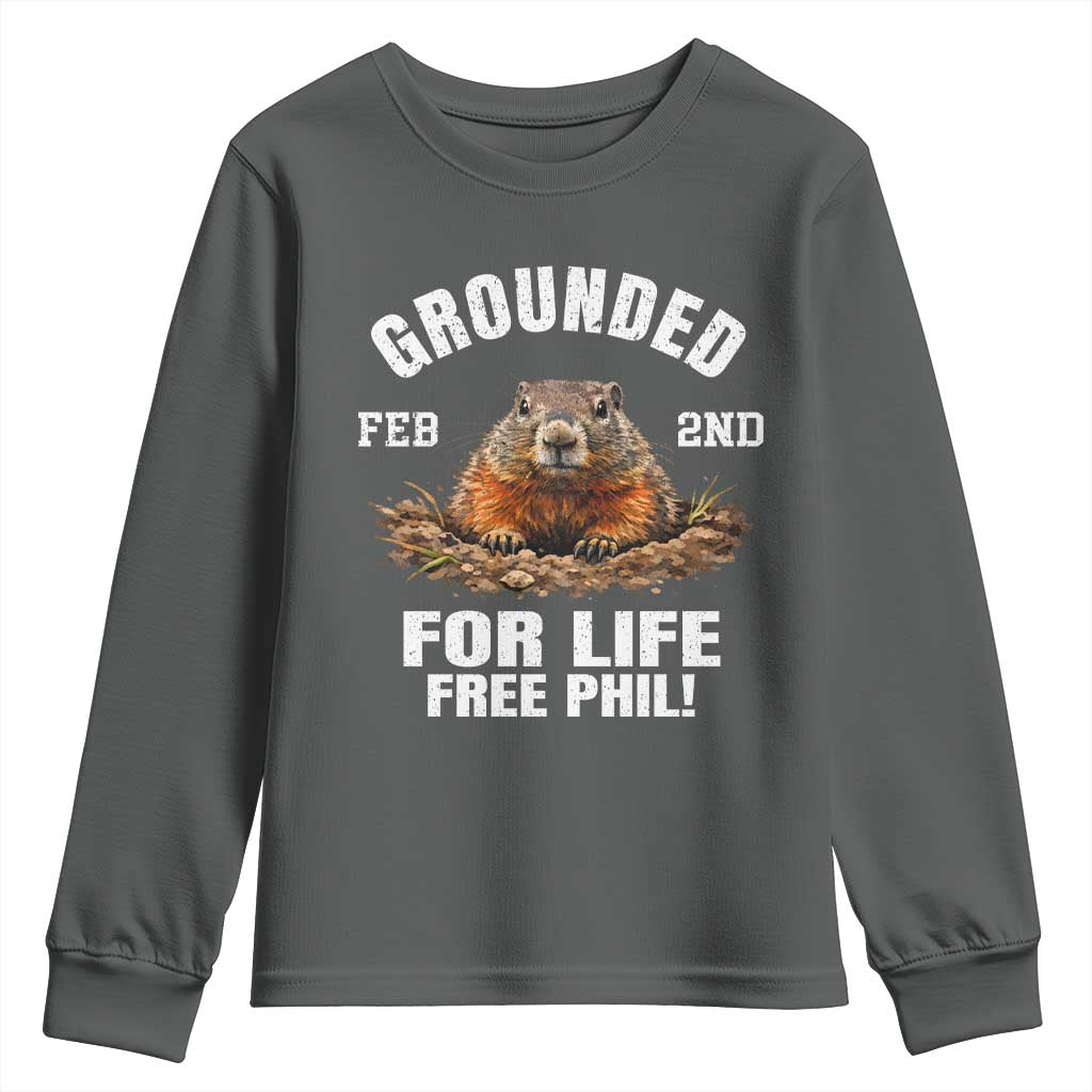 Funny Groundhog Youth Sweatshirt Grounded For Life Ground Hog Day TS10 Dark Heather Print Your Wear