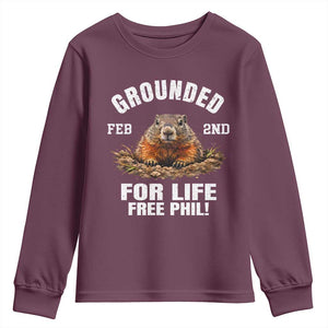 Funny Groundhog Youth Sweatshirt Grounded For Life Ground Hog Day TS10 Maroon Print Your Wear
