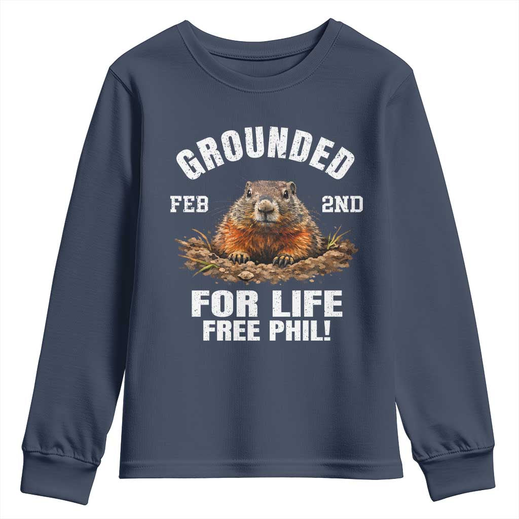 Funny Groundhog Youth Sweatshirt Grounded For Life Ground Hog Day TS10 Navy Print Your Wear