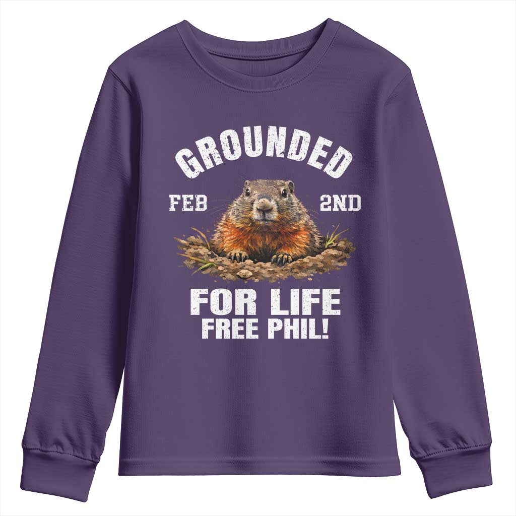 Funny Groundhog Youth Sweatshirt Grounded For Life Ground Hog Day TS10 Purple Print Your Wear