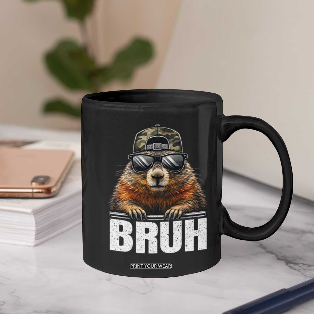 Bruh Groundhog Coffee Mug Funny Woodchuck Camo Hat Youth Teens Kids Slang TS10 Print Your Wear
