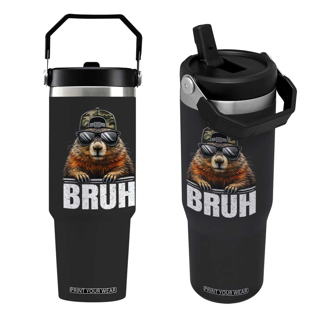 Bruh Groundhog Flip Straw Tumbler Funny Woodchuck Camo Hat Youth Teens Kids Slang TS10 One Size: 30 oz Black Print Your Wear