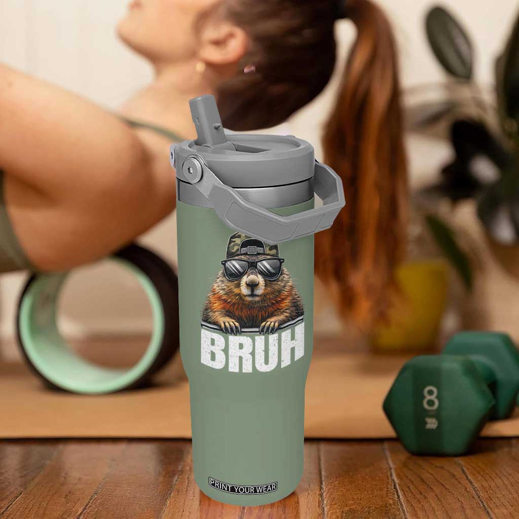 Bruh Groundhog Flip Straw Tumbler Funny Woodchuck Camo Hat Youth Teens Kids Slang TS10 One Size: 30 oz Moss Green Print Your Wear