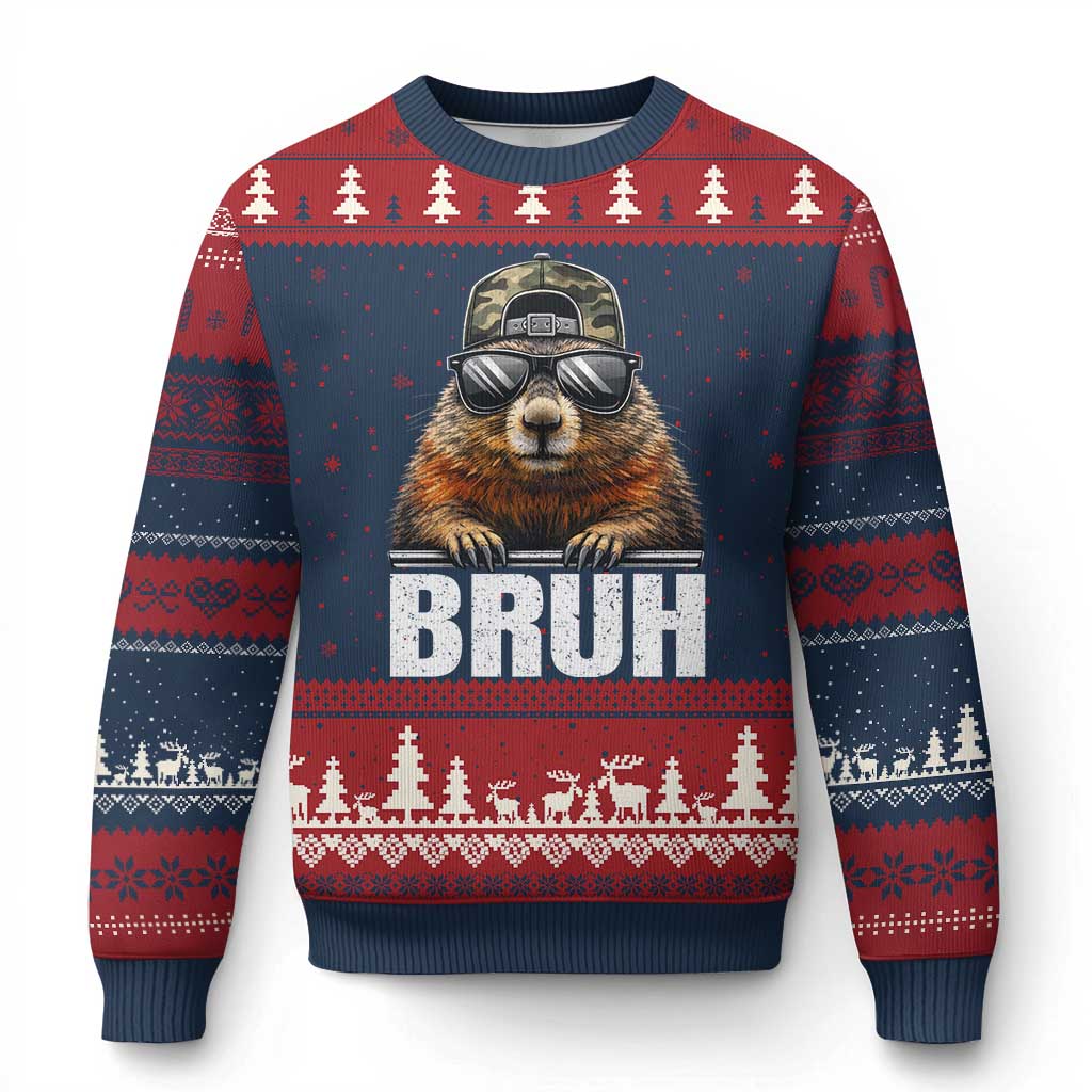 Bruh Groundhog Ugly Christmas Sweater Funny Woodchuck Camo Hat Youth Teens Kids Slang TS10 Navy Red Print Your Wear