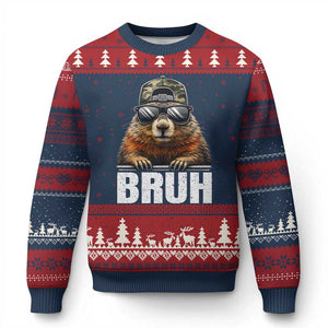 Bruh Groundhog Ugly Christmas Sweater Funny Woodchuck Camo Hat Youth Teens Kids Slang TS10 Navy Red Print Your Wear