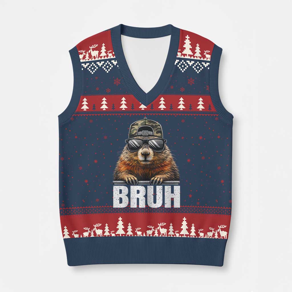 Bruh Groundhog V-Neck Knit Sweater Vest Funny Woodchuck Camo Hat Youth Teens Kids Slang TS10 Navy Red Print Your Wear