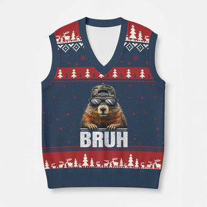 Bruh Groundhog V-Neck Knit Sweater Vest Funny Woodchuck Camo Hat Youth Teens Kids Slang TS10 Navy Red Print Your Wear