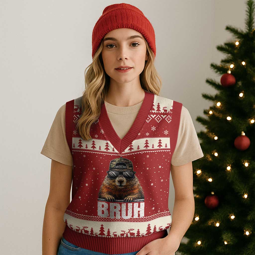 Bruh Groundhog V-Neck Knit Sweater Vest Funny Woodchuck Camo Hat Youth Teens Kids Slang TS10 Red Beige Print Your Wear