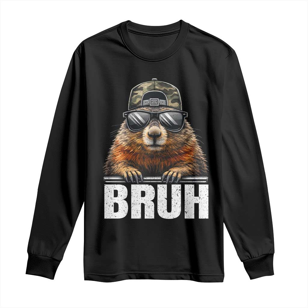 Bruh Groundhog Long Sleeve Shirt Funny Woodchuck Camo Hat Youth Teens Kids Slang TS10 Black Print Your Wear