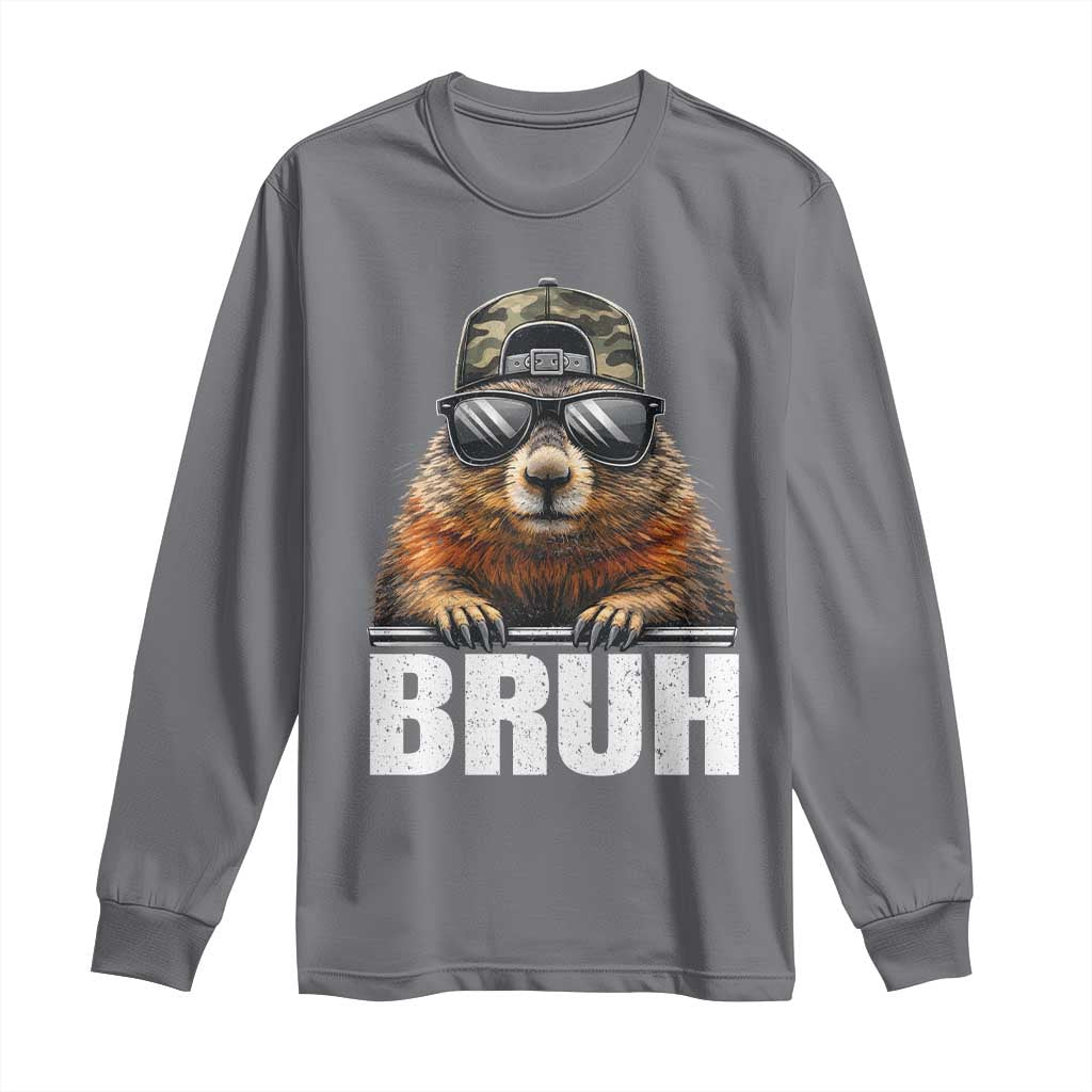 Bruh Groundhog Long Sleeve Shirt Funny Woodchuck Camo Hat Youth Teens Kids Slang TS10 Charcoal Print Your Wear