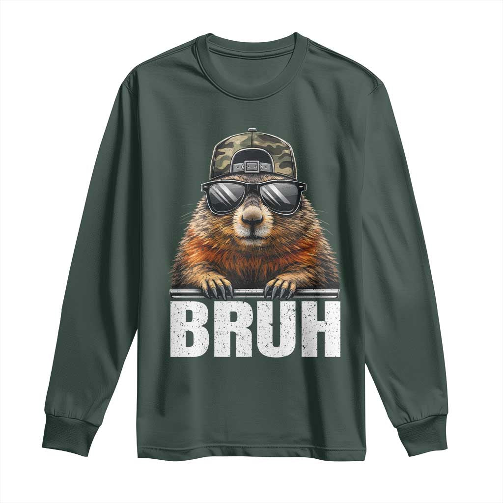 Bruh Groundhog Long Sleeve Shirt Funny Woodchuck Camo Hat Youth Teens Kids Slang TS10 Dark Forest Green Print Your Wear