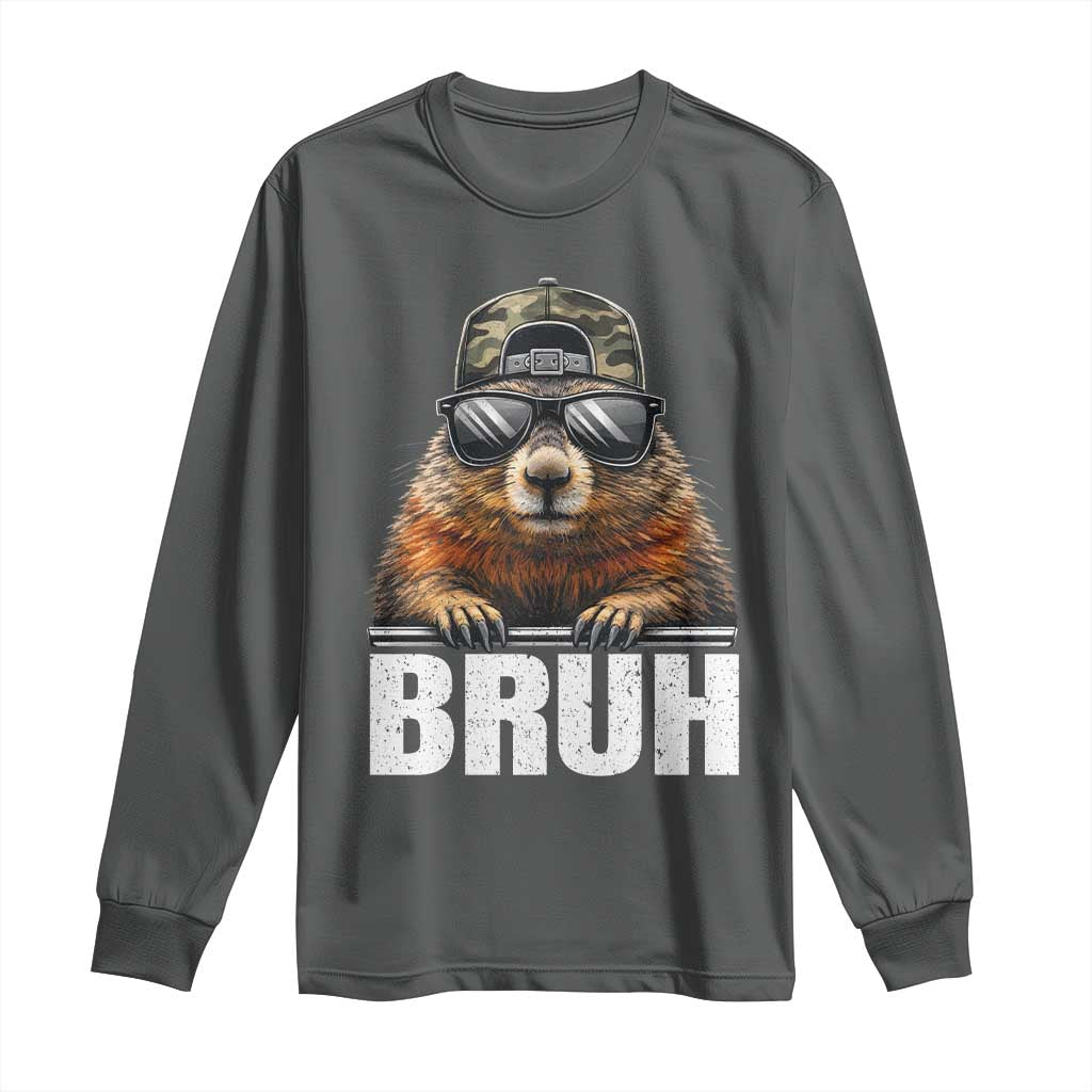 Bruh Groundhog Long Sleeve Shirt Funny Woodchuck Camo Hat Youth Teens Kids Slang TS10 Dark Heather Print Your Wear