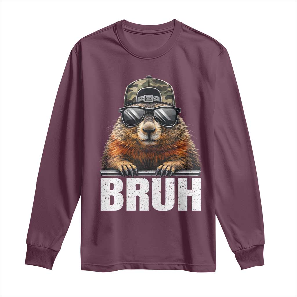 Bruh Groundhog Long Sleeve Shirt Funny Woodchuck Camo Hat Youth Teens Kids Slang TS10 Maroon Print Your Wear