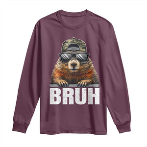 Bruh Groundhog Long Sleeve Shirt Funny Woodchuck Camo Hat Youth Teens Kids Slang TS10 Maroon Print Your Wear