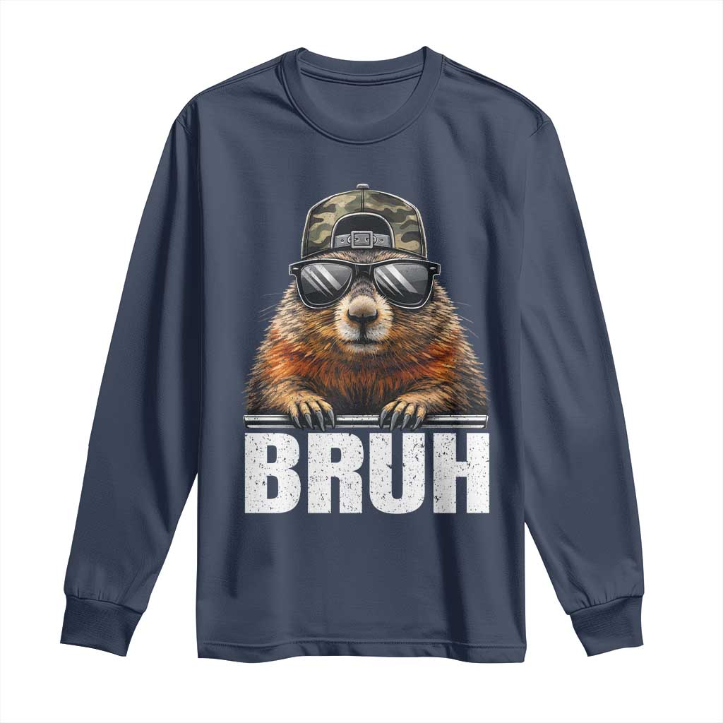 Bruh Groundhog Long Sleeve Shirt Funny Woodchuck Camo Hat Youth Teens Kids Slang TS10 Navy Print Your Wear