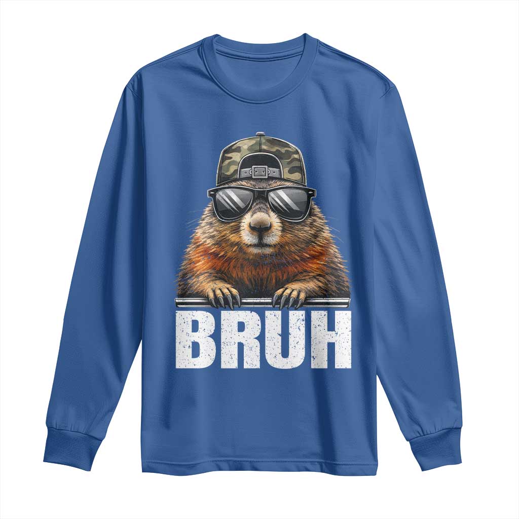Bruh Groundhog Long Sleeve Shirt Funny Woodchuck Camo Hat Youth Teens Kids Slang TS10 Royal Blue Print Your Wear