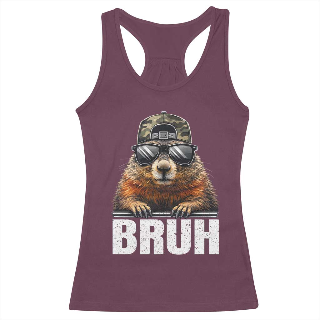 Bruh Groundhog Racerback Tank Top Funny Woodchuck Camo Hat Youth Teens Kids Slang TS10 Maroon Print Your Wear