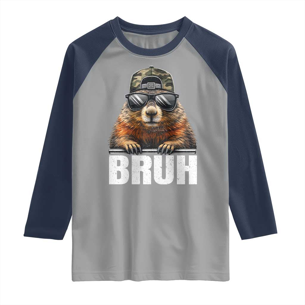 Bruh Groundhog Raglan Shirt Funny Woodchuck Camo Hat Youth Teens Kids Slang TS10 Sport Gray Navy Print Your Wear
