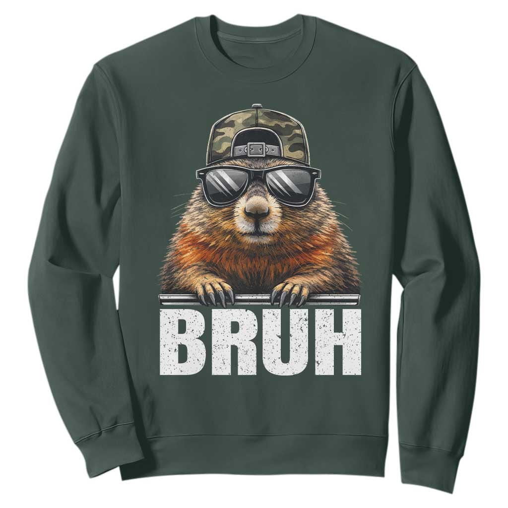 Bruh Groundhog Sweatshirt Funny Woodchuck Camo Hat Youth Teens Kids Slang TS10 Dark Forest Green Print Your Wear