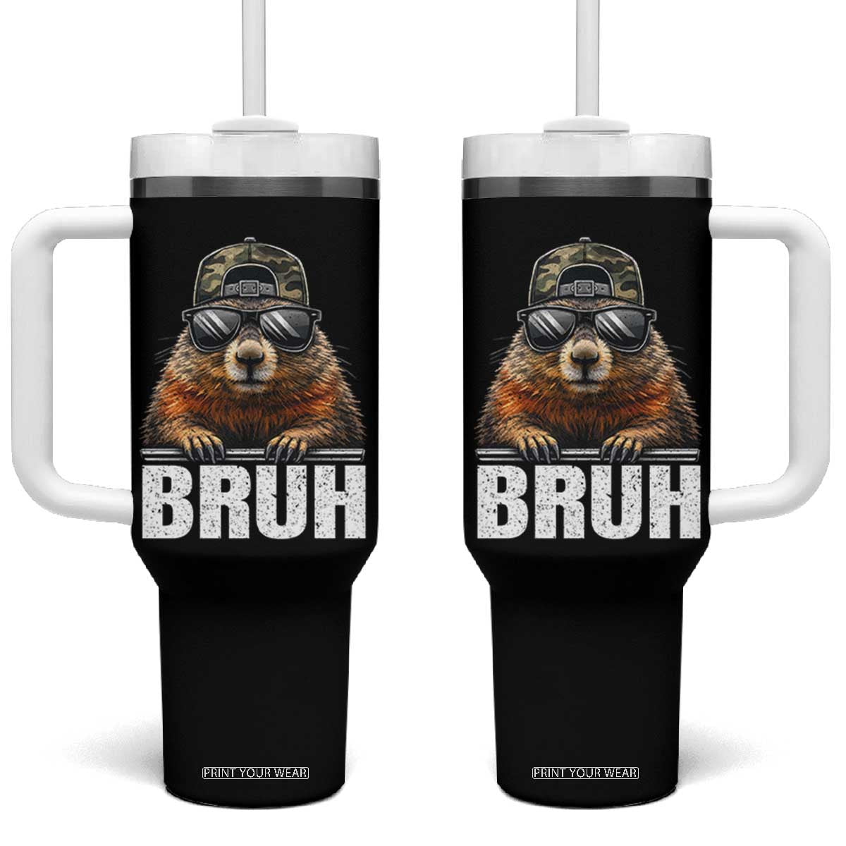 Bruh Groundhog Tumbler With Handle Funny Woodchuck Camo Hat Youth Teens Kids Slang TS10 One Size: 40 oz Black Print Your Wear