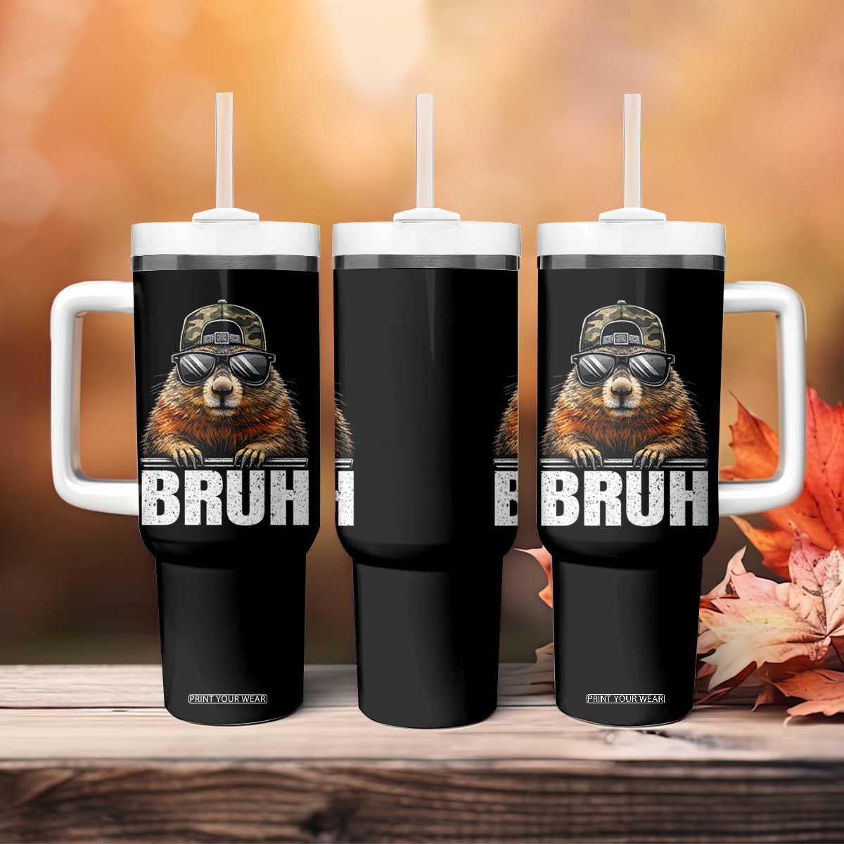 Bruh Groundhog Tumbler With Handle Funny Woodchuck Camo Hat Youth Teens Kids Slang TS10 Print Your Wear