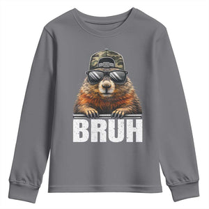 Bruh Groundhog Youth Sweatshirt Funny Woodchuck Camo Hat Youth Teens Kids Slang TS10 Charcoal Print Your Wear
