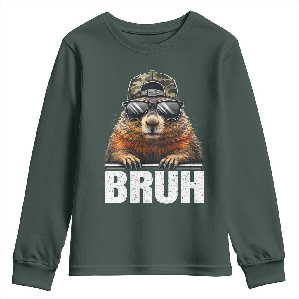 Bruh Groundhog Youth Sweatshirt Funny Woodchuck Camo Hat Youth Teens Kids Slang TS10 Dark Forest Green Print Your Wear