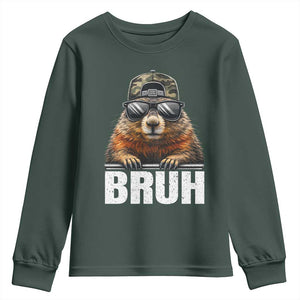 Bruh Groundhog Youth Sweatshirt Funny Woodchuck Camo Hat Youth Teens Kids Slang TS10 Dark Forest Green Print Your Wear