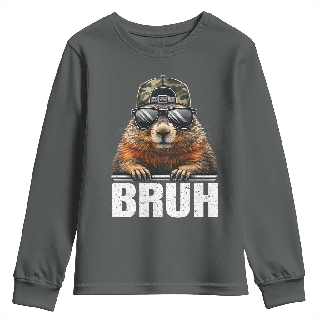 Bruh Groundhog Youth Sweatshirt Funny Woodchuck Camo Hat Youth Teens Kids Slang TS10 Dark Heather Print Your Wear