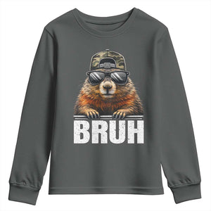 Bruh Groundhog Youth Sweatshirt Funny Woodchuck Camo Hat Youth Teens Kids Slang TS10 Dark Heather Print Your Wear