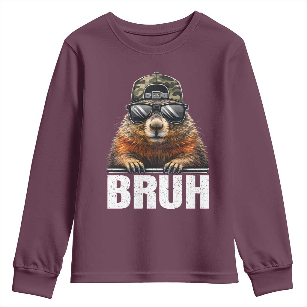 Bruh Groundhog Youth Sweatshirt Funny Woodchuck Camo Hat Youth Teens Kids Slang TS10 Maroon Print Your Wear