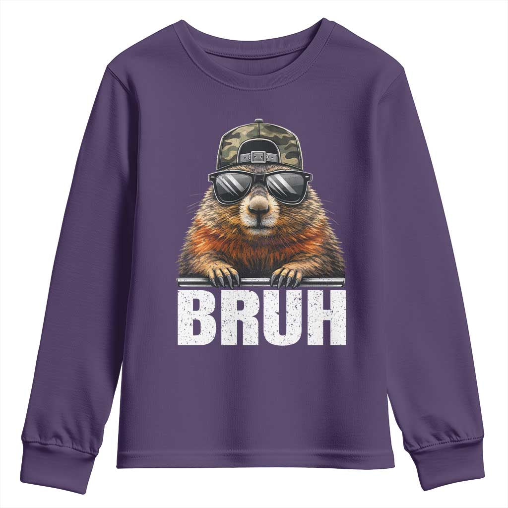Bruh Groundhog Youth Sweatshirt Funny Woodchuck Camo Hat Youth Teens Kids Slang TS10 Purple Print Your Wear