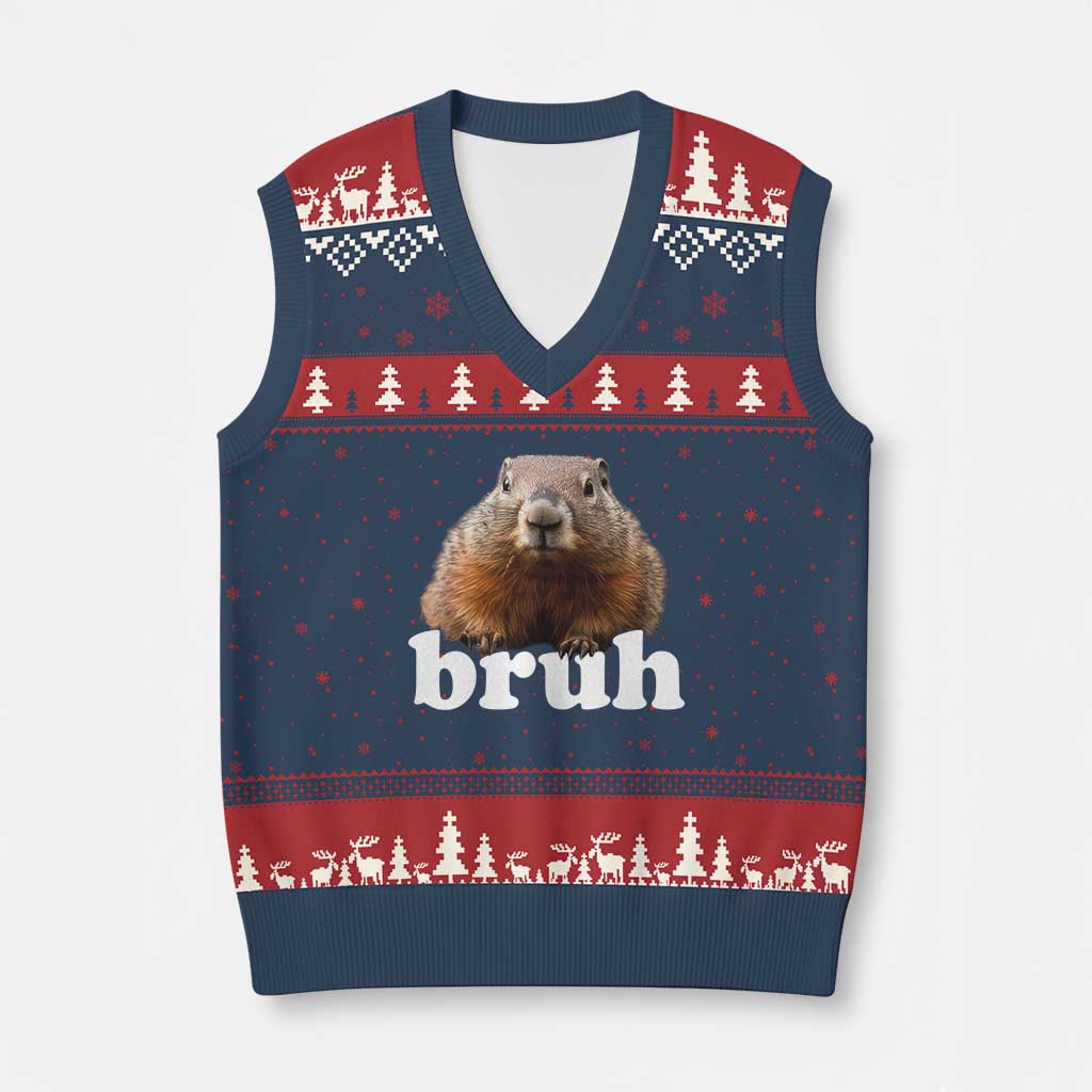 Bruh Groundhog V-Neck Knit Sweater Vest Funny Woodchuck Youth Teens Kids Slang TS10 Navy Red Print Your Wear
