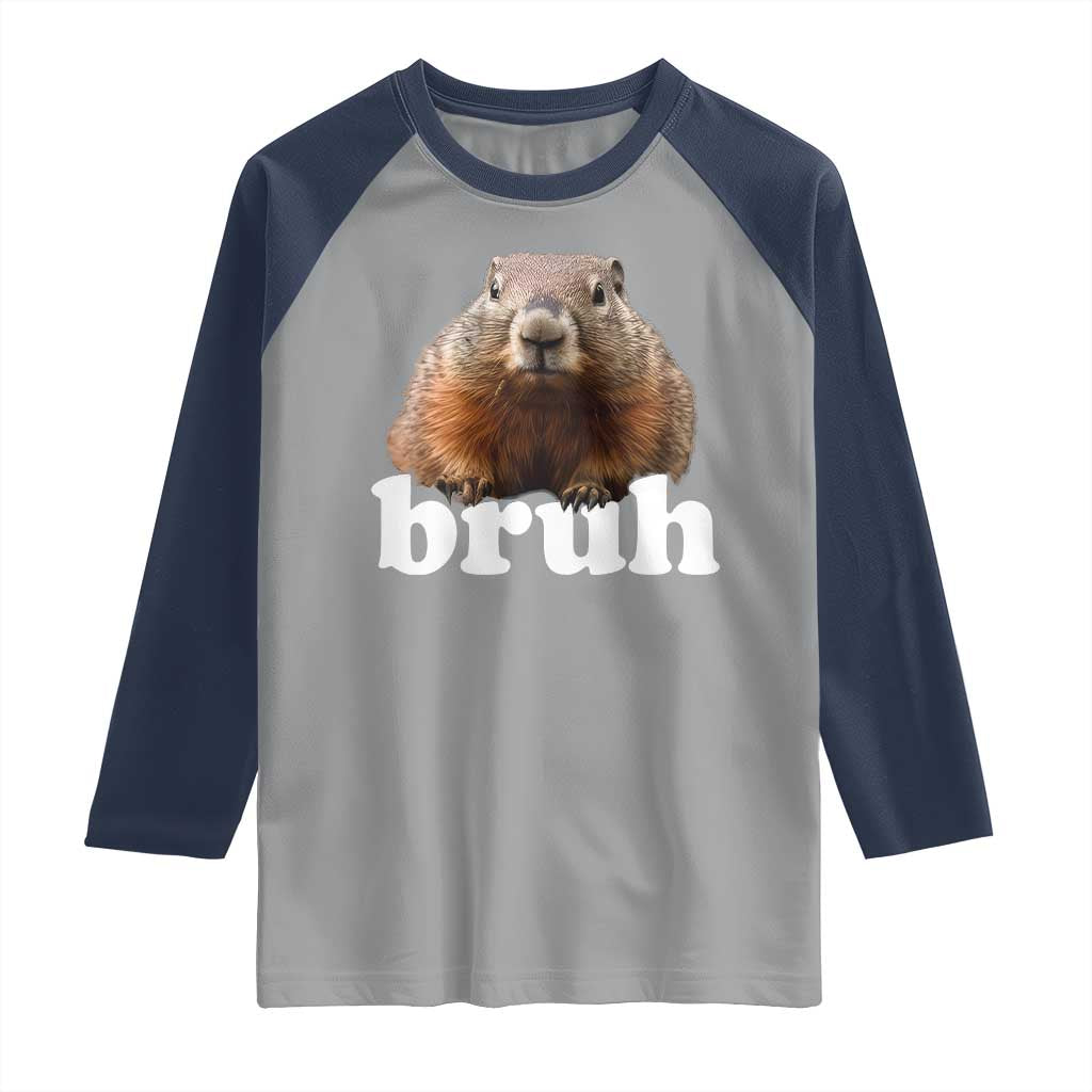 Bruh Groundhog Raglan Shirt Funny Woodchuck Youth Teens Kids Slang TS10 Sport Gray Navy Print Your Wear