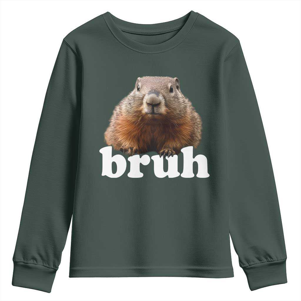 Bruh Groundhog Youth Sweatshirt Funny Woodchuck Youth Teens Kids Slang TS10 Dark Forest Green Print Your Wear