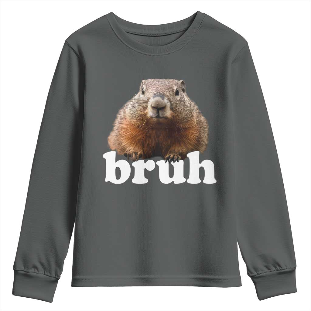 Bruh Groundhog Youth Sweatshirt Funny Woodchuck Youth Teens Kids Slang TS10 Dark Heather Print Your Wear