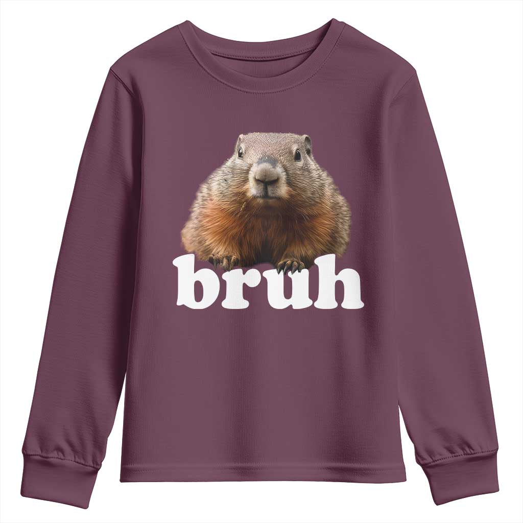 Bruh Groundhog Youth Sweatshirt Funny Woodchuck Youth Teens Kids Slang TS10 Maroon Print Your Wear