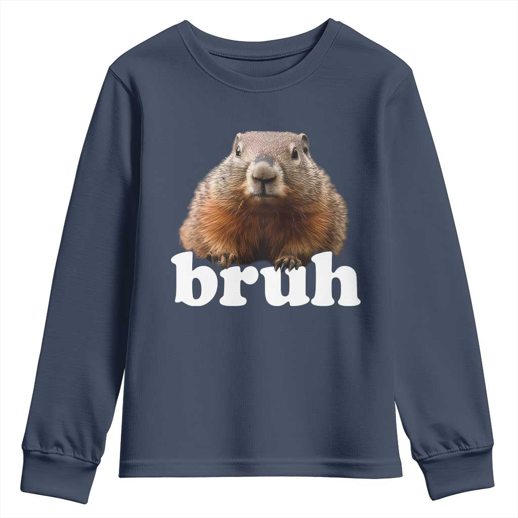 Bruh Groundhog Youth Sweatshirt Funny Woodchuck Youth Teens Kids Slang TS10 Navy Print Your Wear