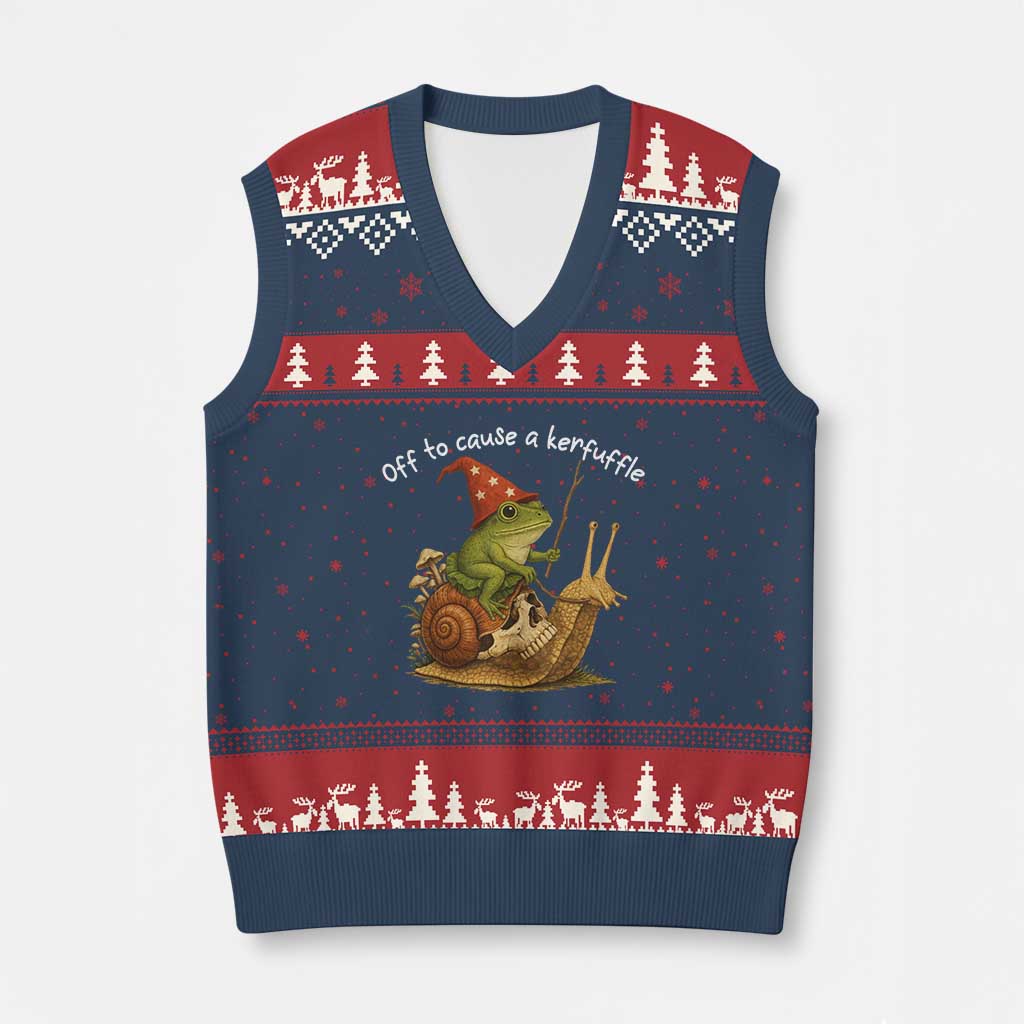 Whimsical Frog Wizard Meme V-Neck Knit Sweater Vest Off to Cause A Kerfuffle TS10 Navy Red Print Your Wear