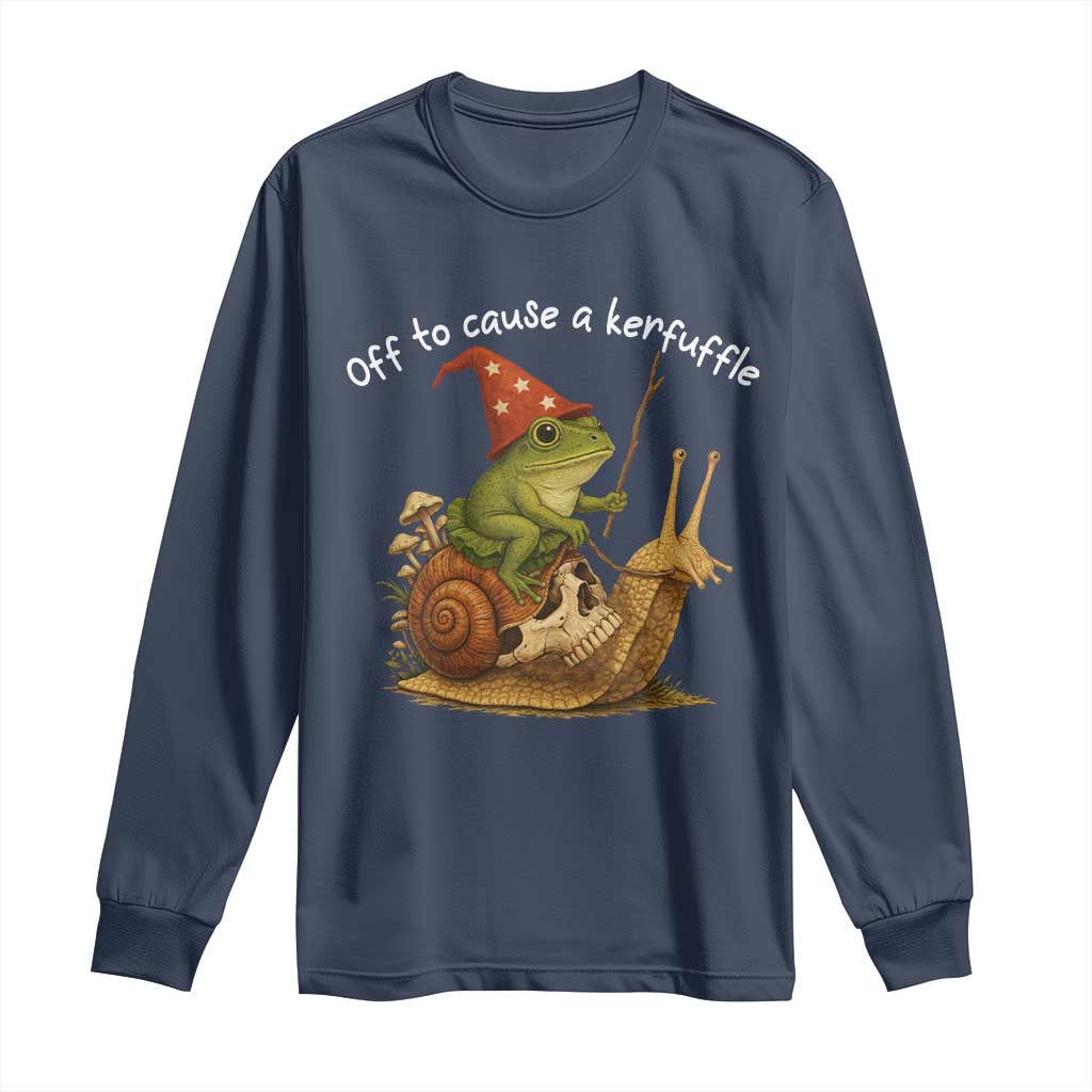 Whimsical Frog Wizard Meme Long Sleeve Shirt Off to Cause A Kerfuffle TS10 Navy Print Your Wear